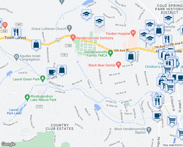map of restaurants, bars, coffee shops, grocery stores, and more near 1112 5th Avenue West in Hendersonville