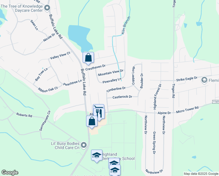 map of restaurants, bars, coffee shops, grocery stores, and more near 171 Timberline Drive in Sanford
