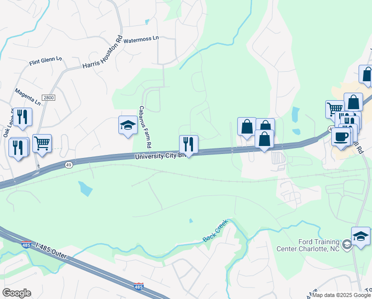 map of restaurants, bars, coffee shops, grocery stores, and more near 11851 University City Boulevard in Charlotte