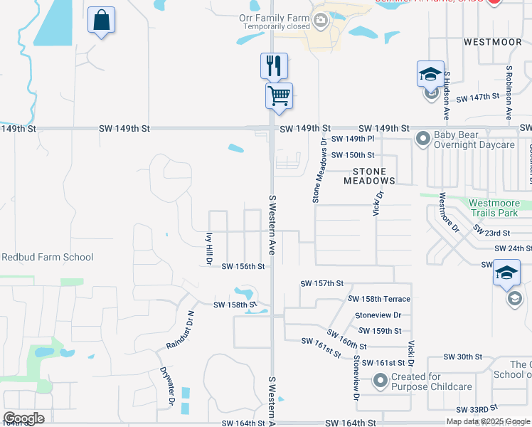 map of restaurants, bars, coffee shops, grocery stores, and more near 15404 Acacia Road in Oklahoma City