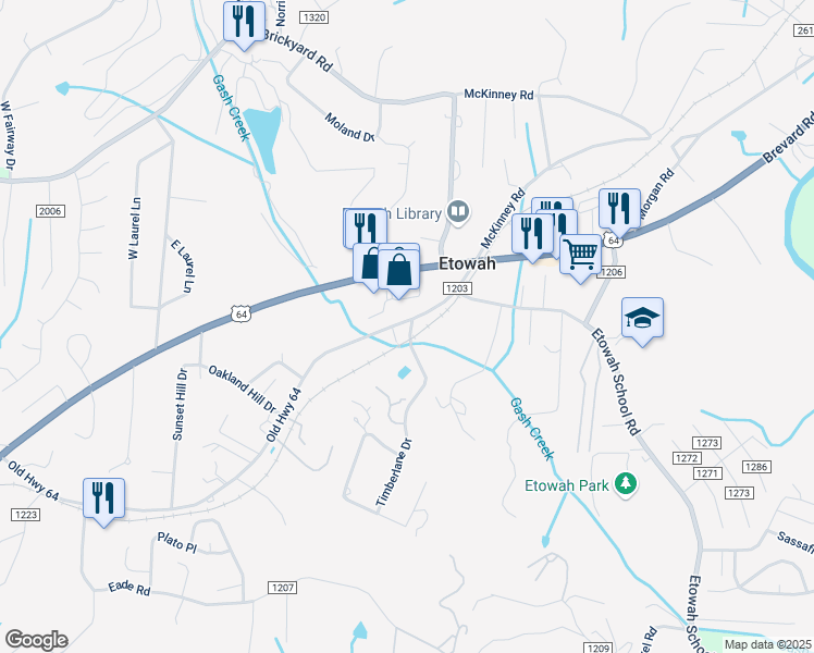 map of restaurants, bars, coffee shops, grocery stores, and more near 215 Old Highway 64 in Etowah
