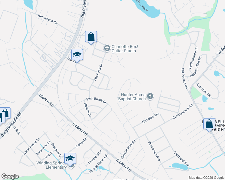 map of restaurants, bars, coffee shops, grocery stores, and more near 8414 Oak Drive in Charlotte
