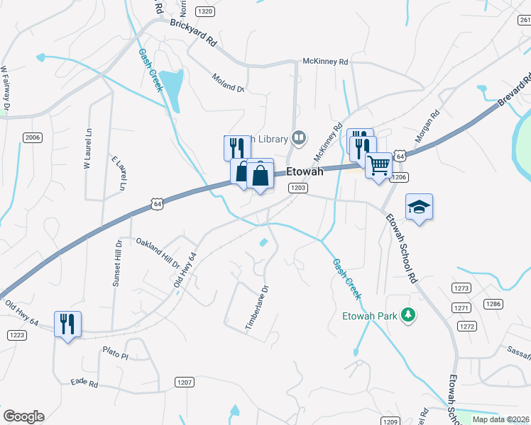 map of restaurants, bars, coffee shops, grocery stores, and more near 169 County Road 1203 in Etowah