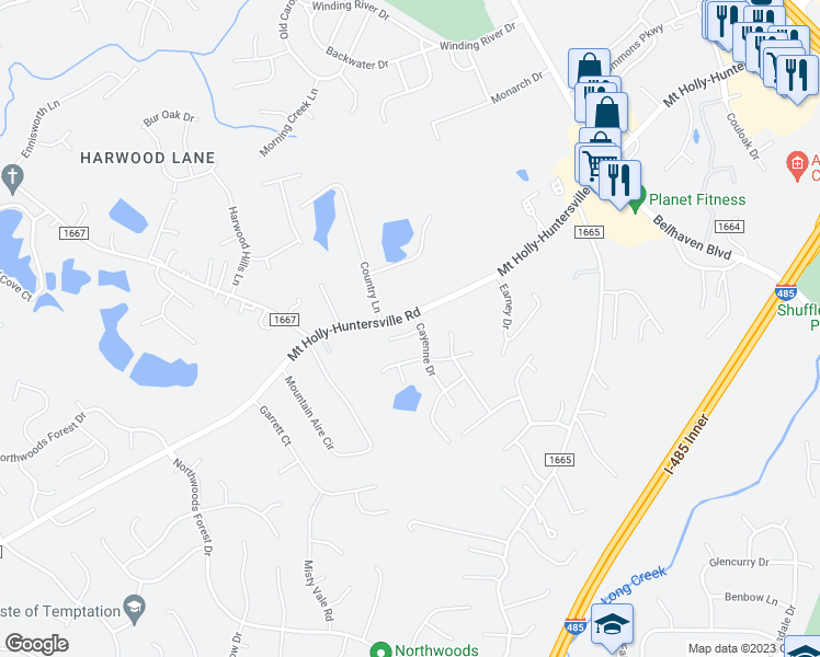 map of restaurants, bars, coffee shops, grocery stores, and more near 2321 Cilantro Way in Charlotte
