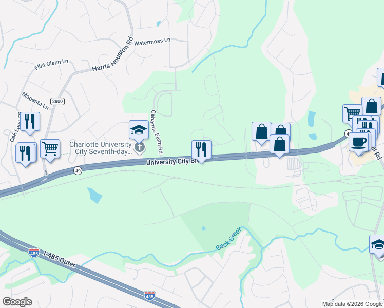 map of restaurants, bars, coffee shops, grocery stores, and more near 11701 University City Boulevard in Charlotte