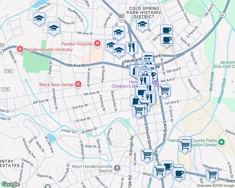 map of restaurants, bars, coffee shops, grocery stores, and more near 414 4th Avenue West in Hendersonville