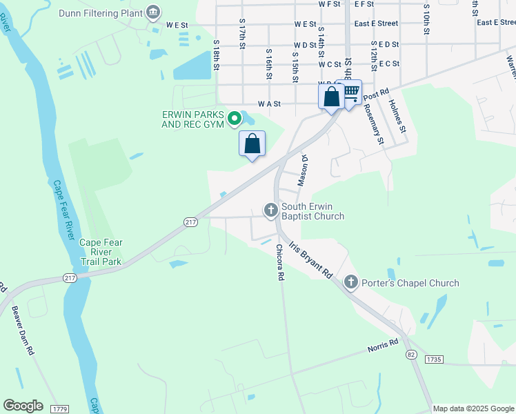 map of restaurants, bars, coffee shops, grocery stores, and more near Old Cut Off Road in Dunn
