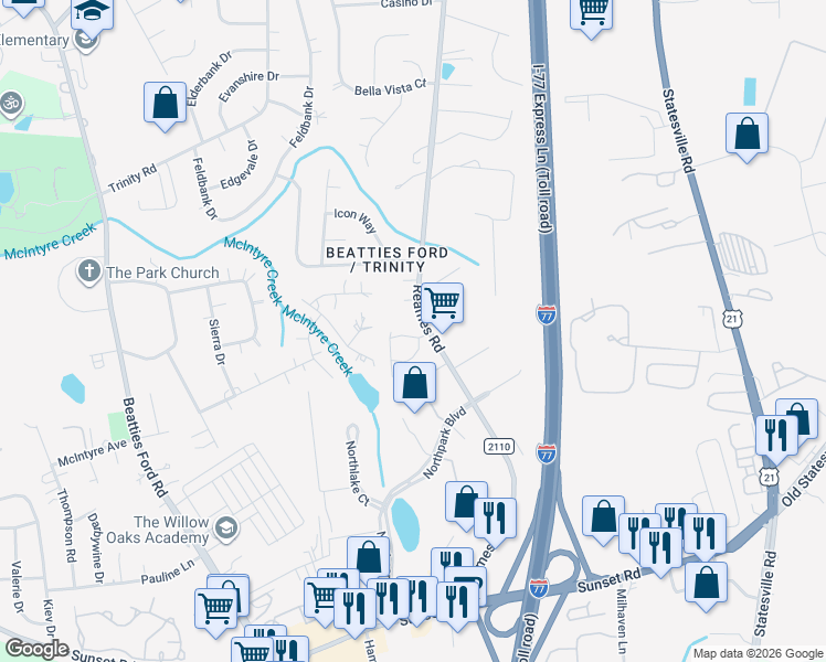 map of restaurants, bars, coffee shops, grocery stores, and more near 7021 Reames Road in Charlotte