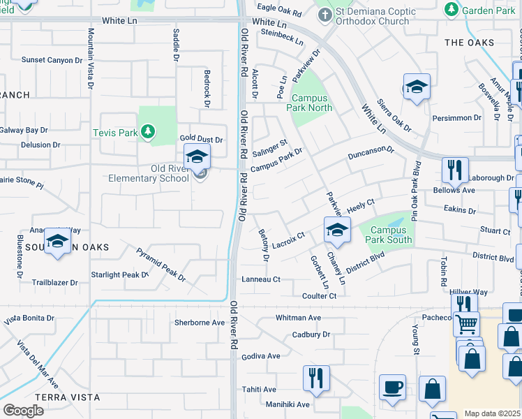 map of restaurants, bars, coffee shops, grocery stores, and more near 9511 Goshen Court in Bakersfield