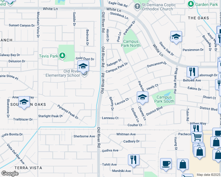 map of restaurants, bars, coffee shops, grocery stores, and more near 9511 Goshen Court in Bakersfield