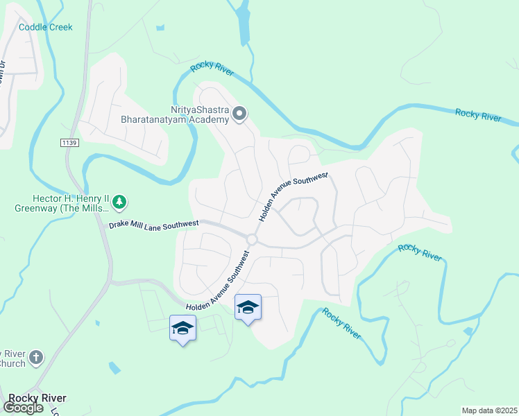 map of restaurants, bars, coffee shops, grocery stores, and more near 2103 Grist Mill Drive Southwest in Concord