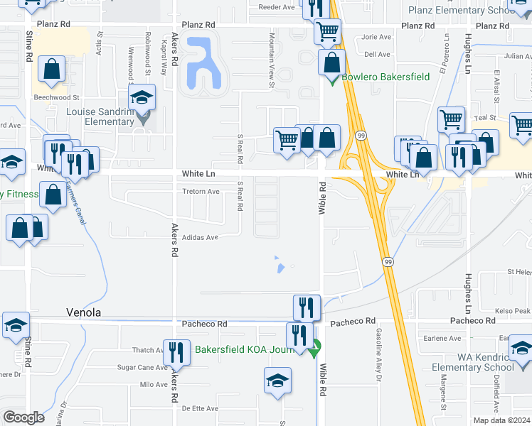map of restaurants, bars, coffee shops, grocery stores, and more near 3513 Sahara Lane in Bakersfield