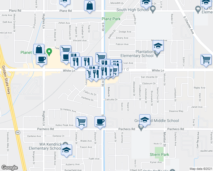 map of restaurants, bars, coffee shops, grocery stores, and more near 4301 Balboa Drive in Bakersfield