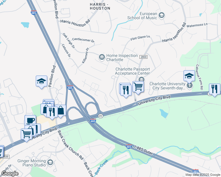 map of restaurants, bars, coffee shops, grocery stores, and more near 1901 Wexford Meadows Ln in Charlotte