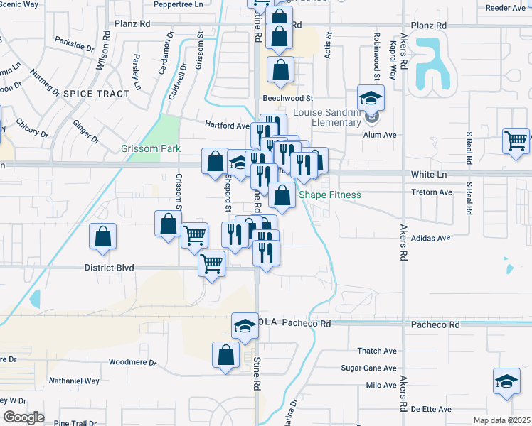 map of restaurants, bars, coffee shops, grocery stores, and more near in Bakersfield