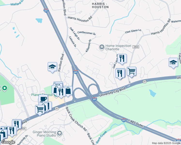 map of restaurants, bars, coffee shops, grocery stores, and more near 17905 Halton Park Drive in Charlotte