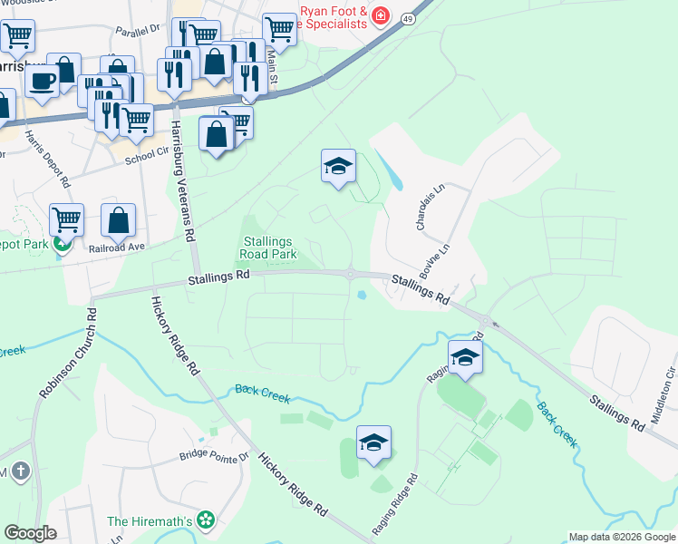 map of restaurants, bars, coffee shops, grocery stores, and more near 3677 Stallings Road in Harrisburg