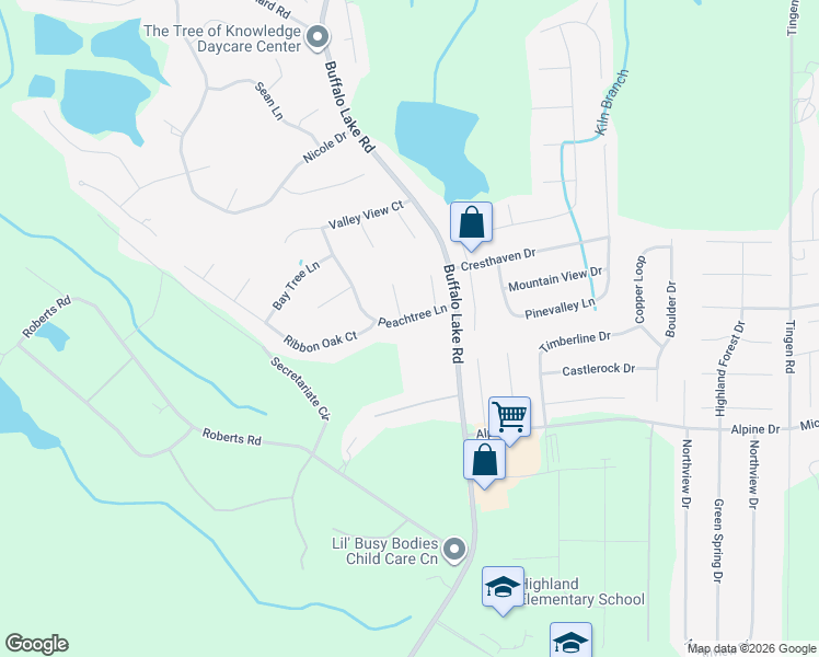 map of restaurants, bars, coffee shops, grocery stores, and more near 115 Peachtree Lane in Sanford