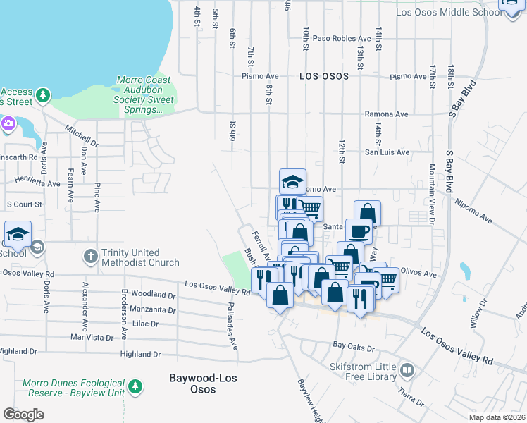map of restaurants, bars, coffee shops, grocery stores, and more near 1952 8th Street in Baywood-Los Osos