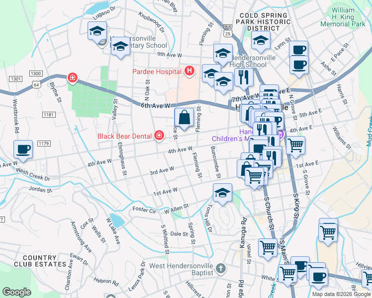 map of restaurants, bars, coffee shops, grocery stores, and more near 601 4th Avenue West in Hendersonville