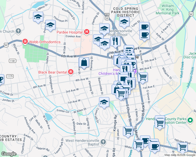 map of restaurants, bars, coffee shops, grocery stores, and more near 504 4th Avenue West in Hendersonville