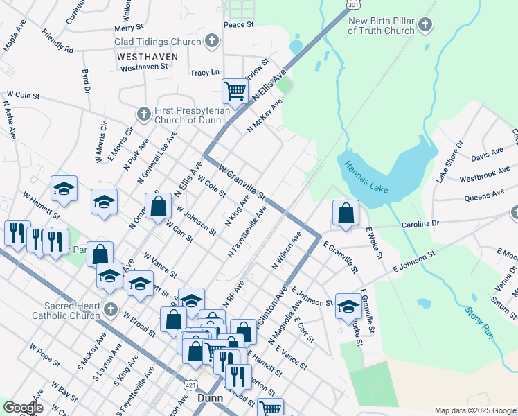 map of restaurants, bars, coffee shops, grocery stores, and more near 905 North Fayetteville Avenue in Dunn