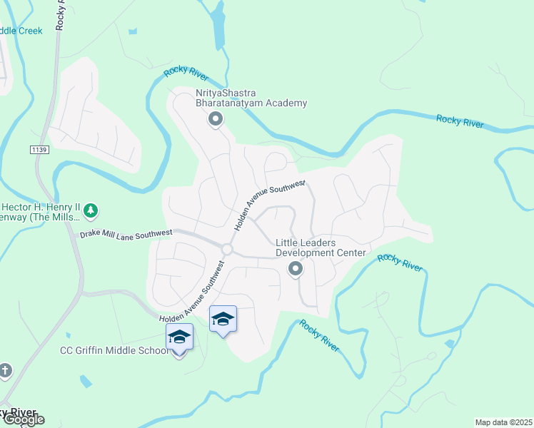 map of restaurants, bars, coffee shops, grocery stores, and more near 2116 Galloway Lane Southwest in Concord