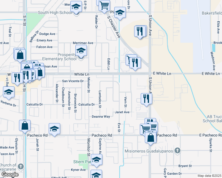 map of restaurants, bars, coffee shops, grocery stores, and more near 4213 Kenny Street in Bakersfield
