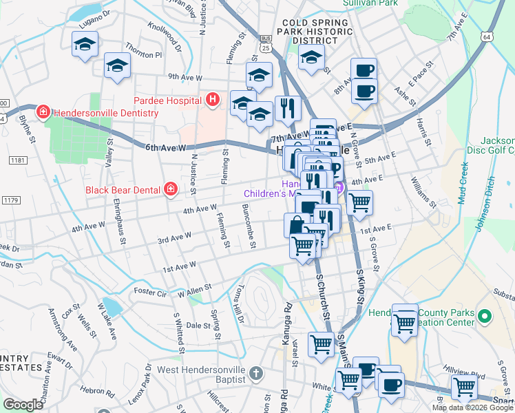 map of restaurants, bars, coffee shops, grocery stores, and more near 414 4th Avenue West in Hendersonville
