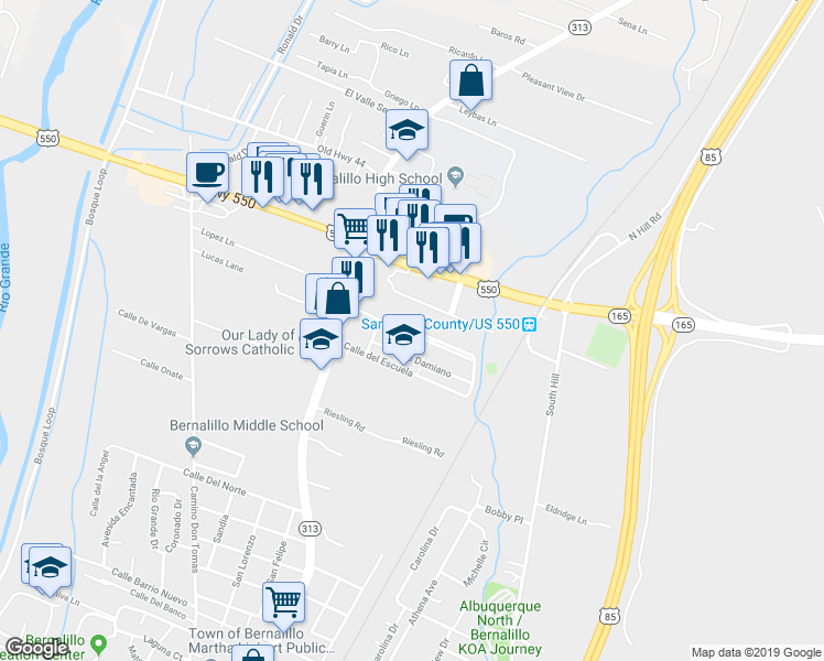 map of restaurants, bars, coffee shops, grocery stores, and more near Calle Evangeline in Bernalillo