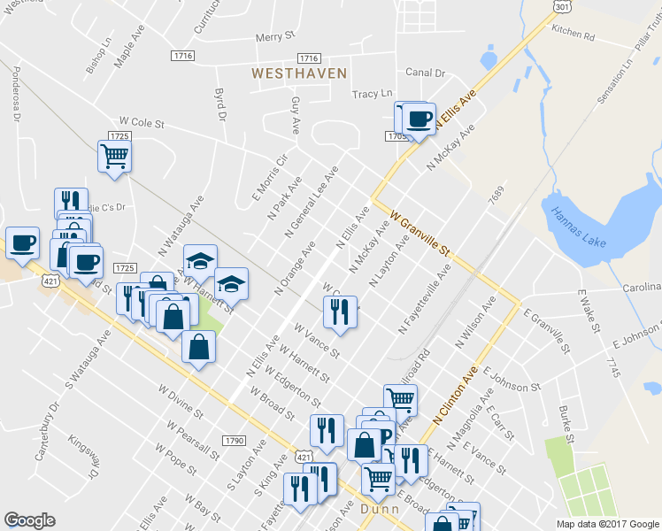 map of restaurants, bars, coffee shops, grocery stores, and more near 610 North Ellis Avenue in Dunn