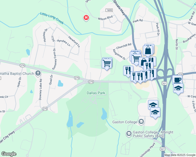 map of restaurants, bars, coffee shops, grocery stores, and more near 1304 Dallas Cherryville Highway in Dallas