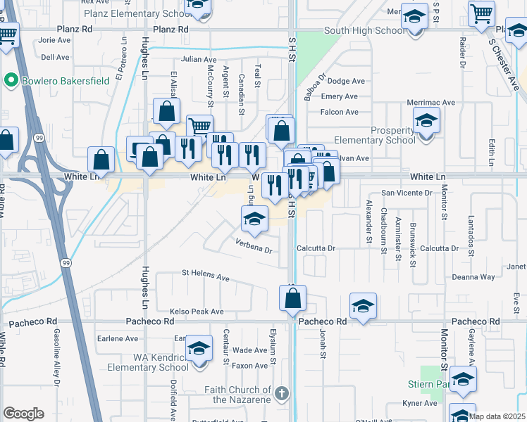 map of restaurants, bars, coffee shops, grocery stores, and more near 1801 White Lane in Bakersfield