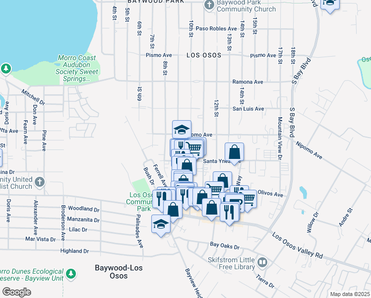 map of restaurants, bars, coffee shops, grocery stores, and more near 1957 10th Street in Baywood-Los Osos
