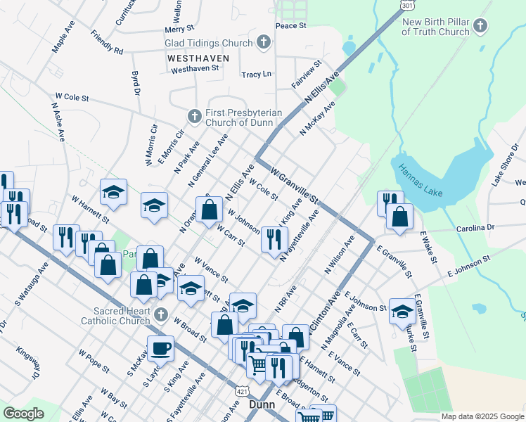 map of restaurants, bars, coffee shops, grocery stores, and more near 801 North Layton Avenue in Dunn