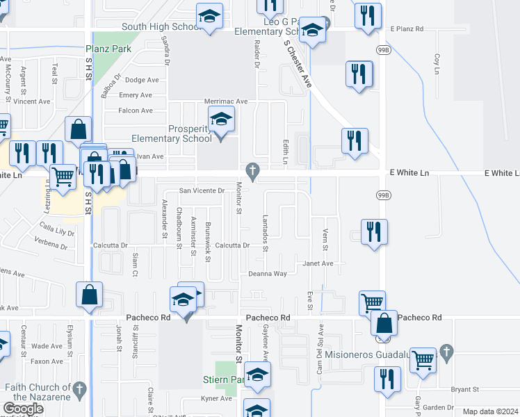 map of restaurants, bars, coffee shops, grocery stores, and more near 4215 Lantados Street in Bakersfield