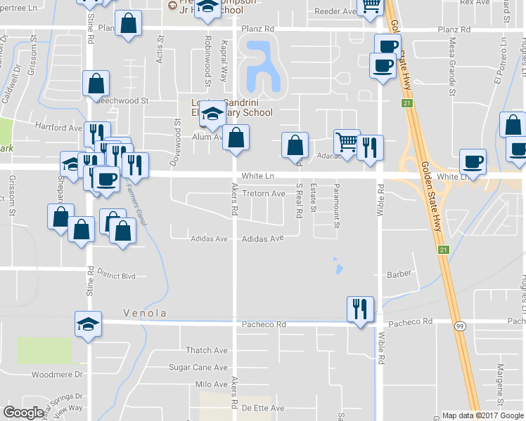 map of restaurants, bars, coffee shops, grocery stores, and more near 4305 Poach Street in Bakersfield