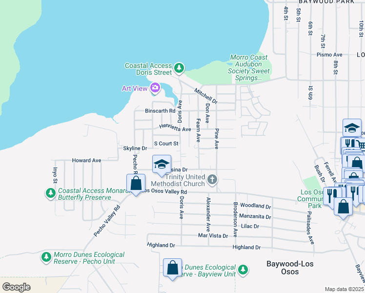 map of restaurants, bars, coffee shops, grocery stores, and more near 1990 Doris Avenue in Baywood-Los Osos