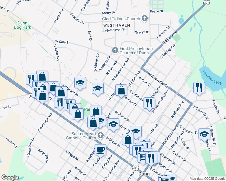 map of restaurants, bars, coffee shops, grocery stores, and more near 511 North Orange Avenue in Dunn