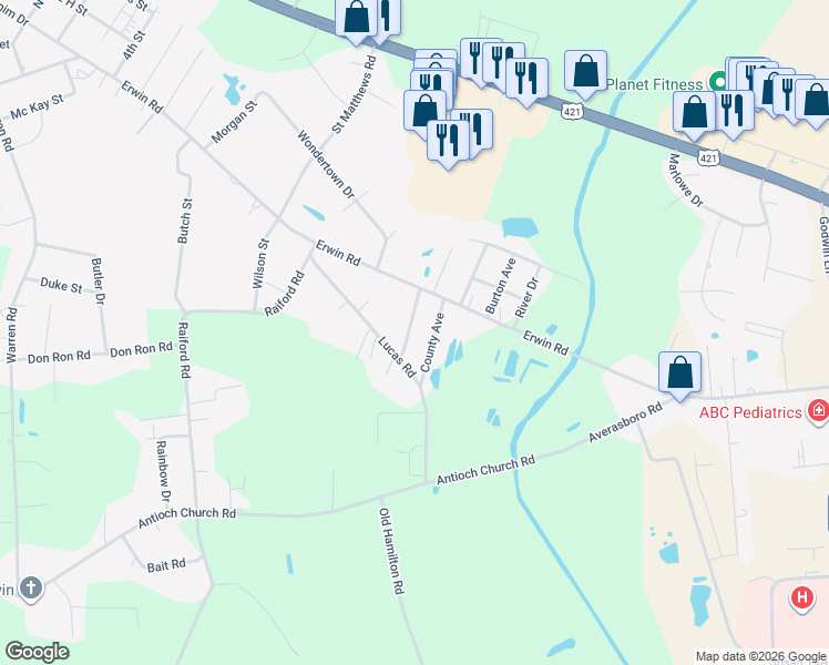 map of restaurants, bars, coffee shops, grocery stores, and more near 201 Twin City Street in Dunn