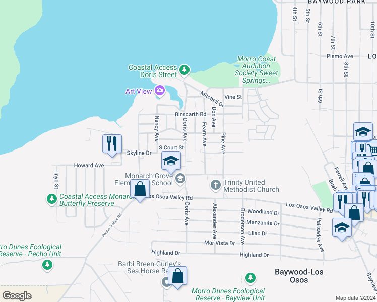 map of restaurants, bars, coffee shops, grocery stores, and more near 1990 Doris Avenue in Baywood-Los Osos
