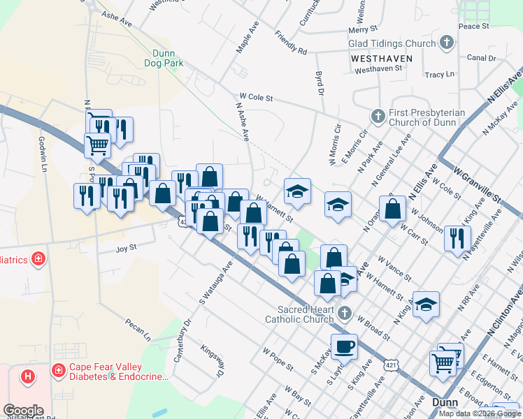 map of restaurants, bars, coffee shops, grocery stores, and more near 1010 West Harnett Street in Dunn