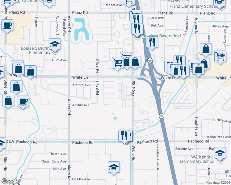 map of restaurants, bars, coffee shops, grocery stores, and more near 4216 Paramount Street in Bakersfield
