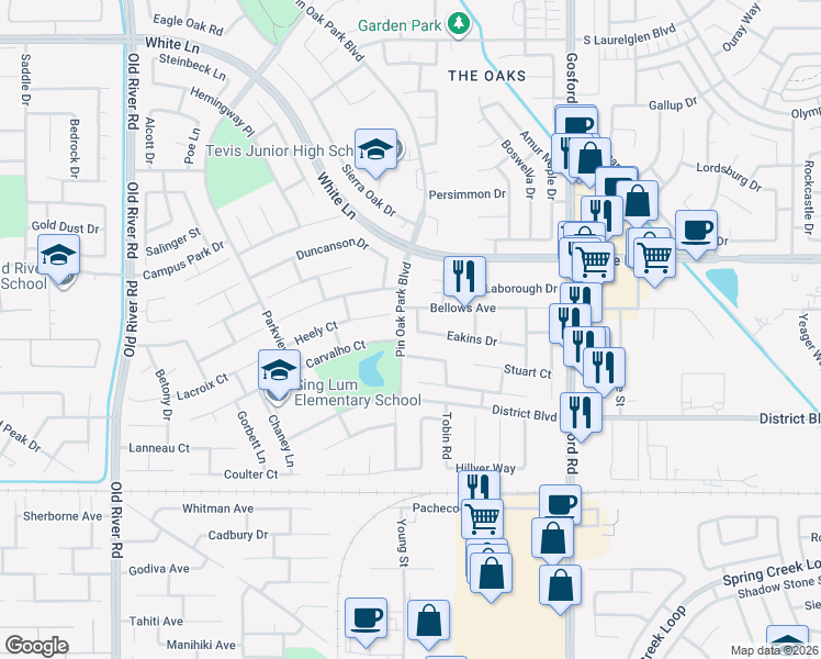 map of restaurants, bars, coffee shops, grocery stores, and more near 4213 Homer Lane in Bakersfield