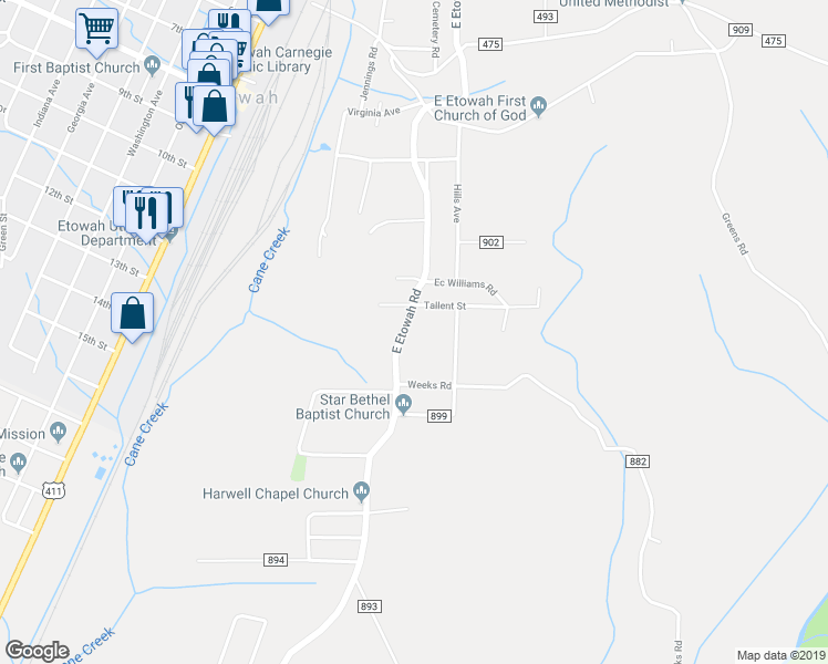 map of restaurants, bars, coffee shops, grocery stores, and more near 289 County Road 890 in Etowah