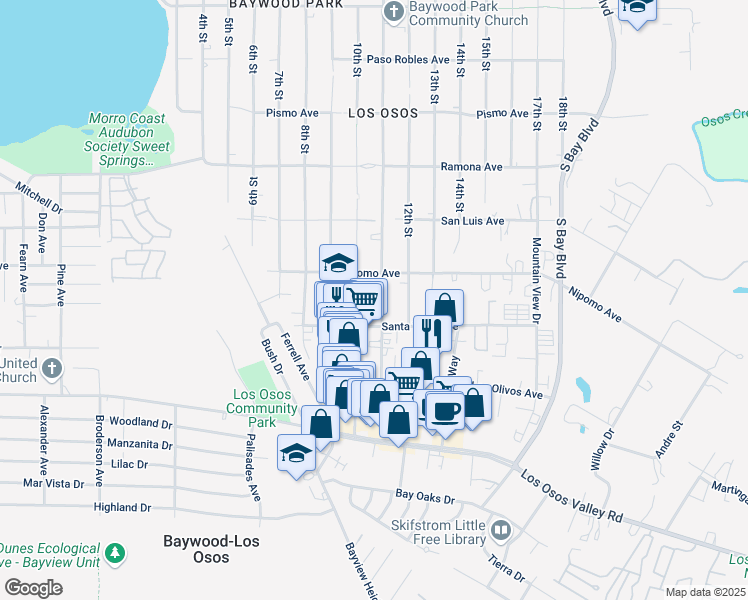 map of restaurants, bars, coffee shops, grocery stores, and more near 1947 11th Street in Baywood-Los Osos