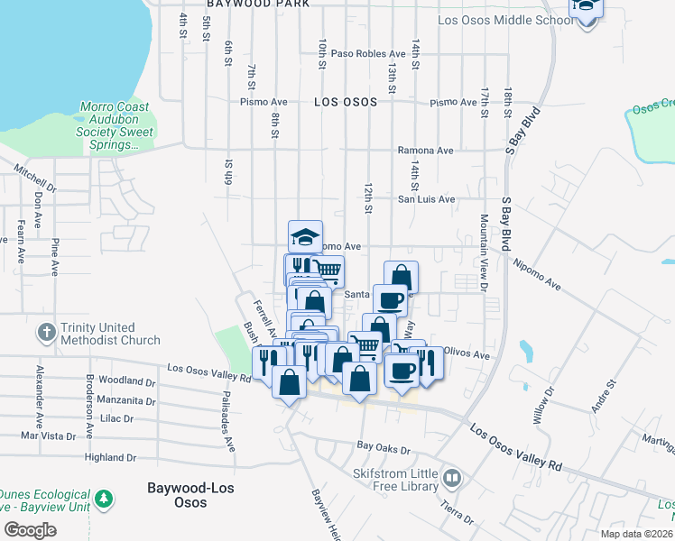 map of restaurants, bars, coffee shops, grocery stores, and more near 1949 11th Street in Baywood-Los Osos