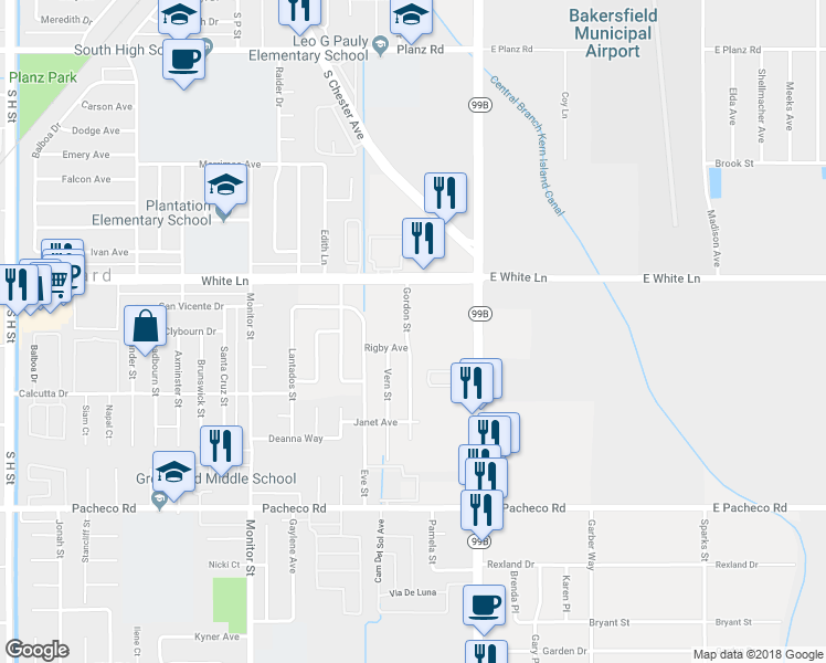 map of restaurants, bars, coffee shops, grocery stores, and more near 4216 Gordon Street in Bakersfield