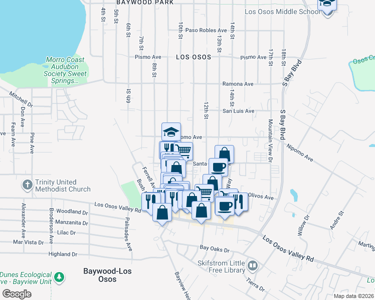 map of restaurants, bars, coffee shops, grocery stores, and more near 1949 11th Street in Baywood-Los Osos