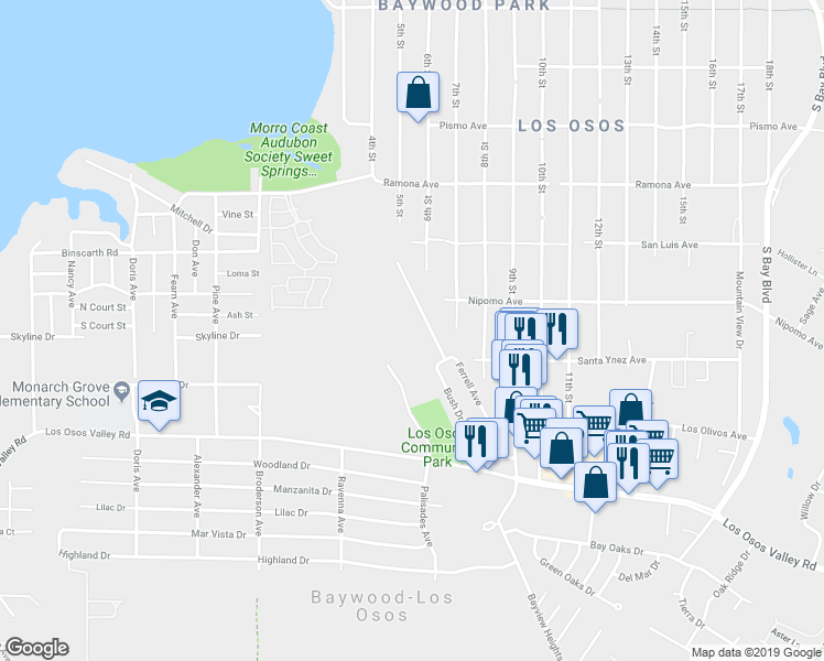 map of restaurants, bars, coffee shops, grocery stores, and more near 1921 Ferrell Avenue in Baywood-Los Osos